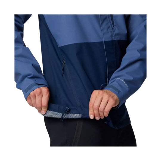 Blue hooded rain jacket with front zipper, zip pocket, and elastic cuffs