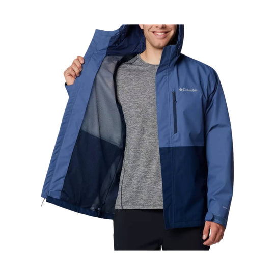 Blue hooded rain jacket with a chest zip pocket and mesh lining, worn open over a gray shirt