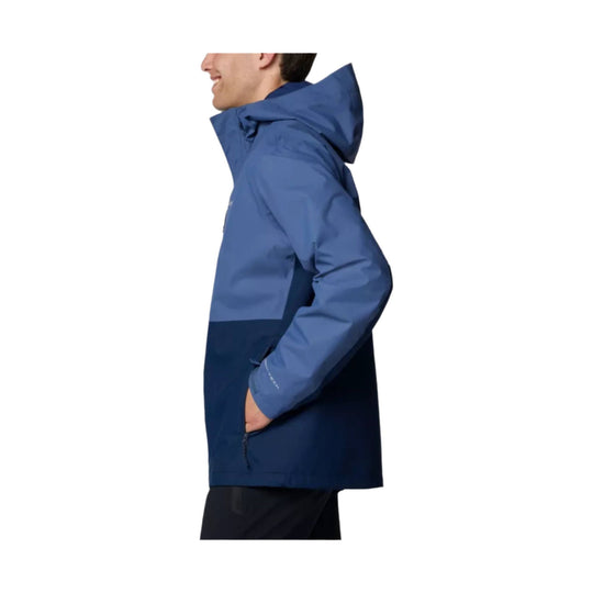 Blue hooded rain jacket shown in side view with a front zip and hand pocket