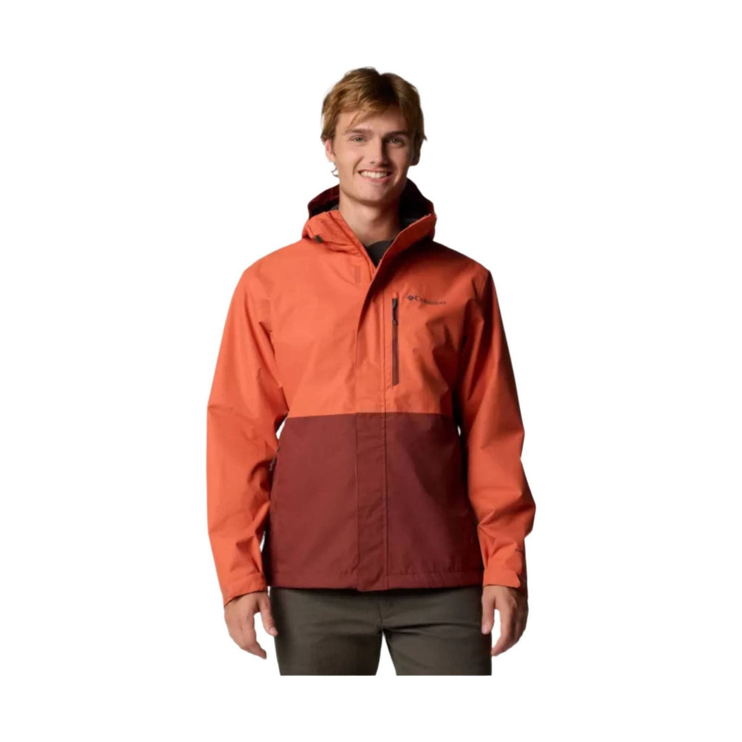 Two-tone orange and burgundy hooded rain jacket with front zip and chest pocket
