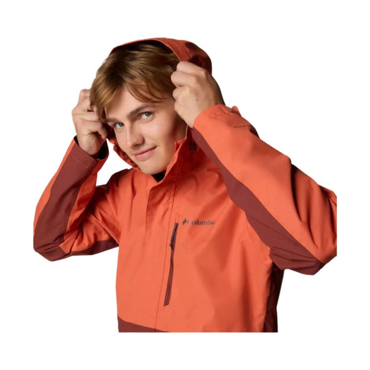 Orange hooded rain jacket with brown sleeve panels and front zipper