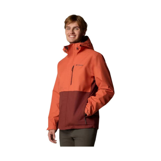 Two-tone orange and maroon hooded rain jacket with front zip and chest logo