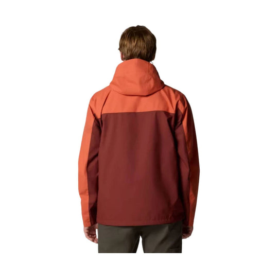 Color-block hooded rain jacket shown from the back in orange and rust red