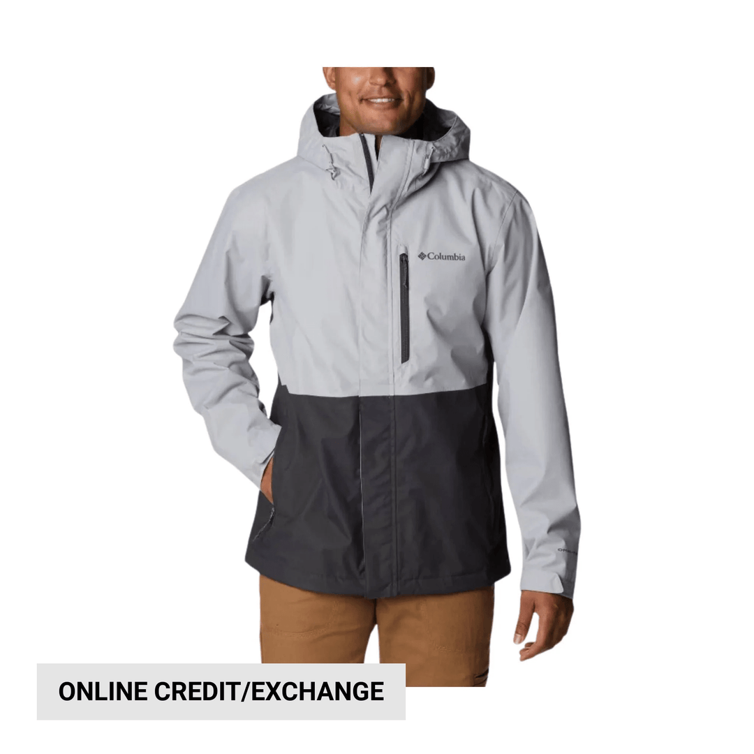 Two-tone hooded rain jacket with front zipper and chest pocket, shown with "ONLINE CREDIT/EXCHANGE" text overlay.