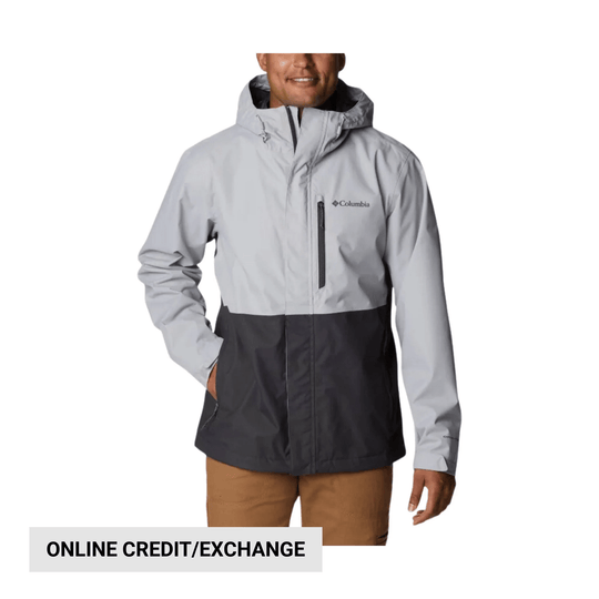 Two-tone hooded rain jacket with front zipper and chest pocket, shown with "ONLINE CREDIT/EXCHANGE" text overlay.