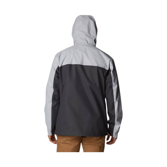 Gray and black hooded rain jacket shown from the back