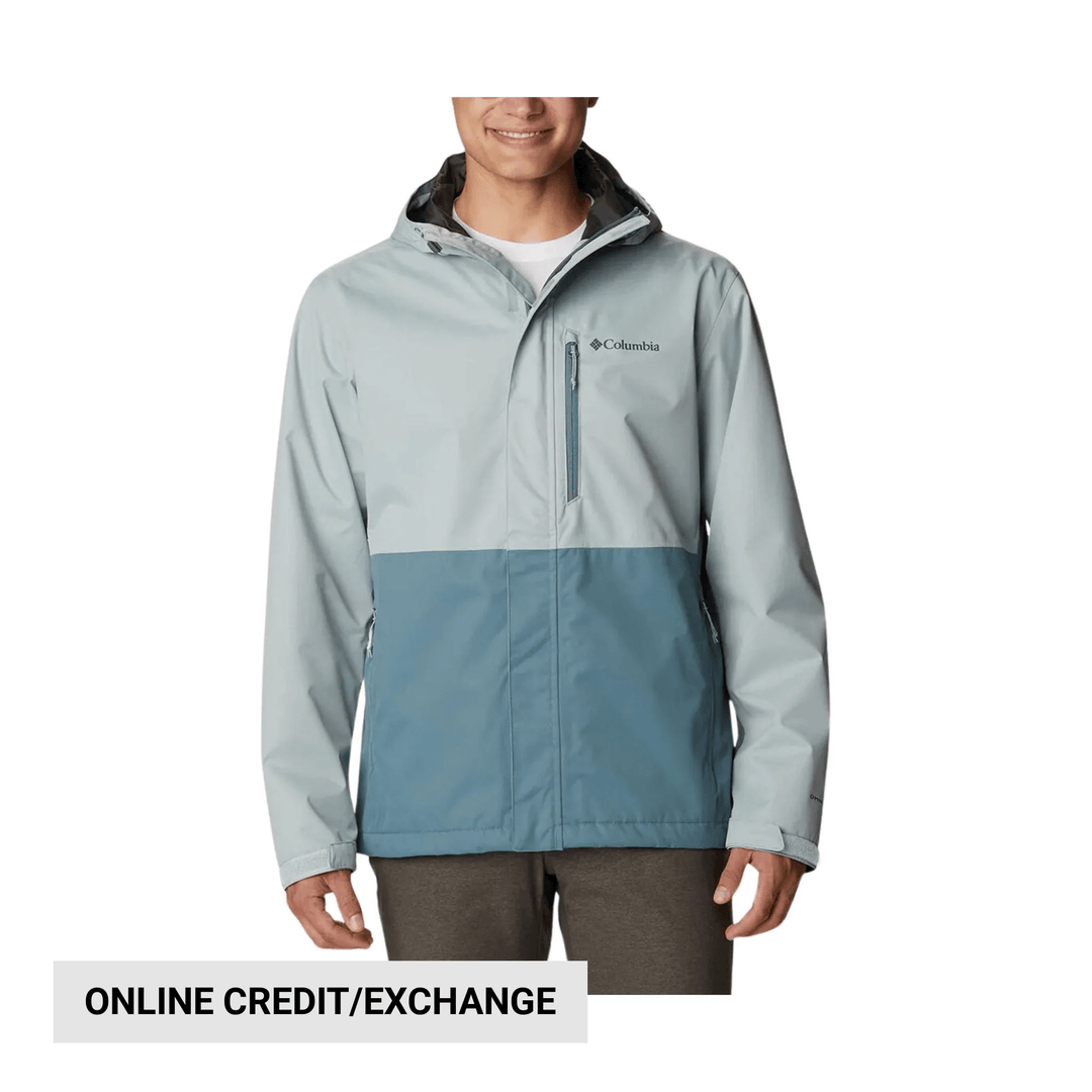 Light gray and blue hooded rain jacket with a zip chest pocket, shown on a model