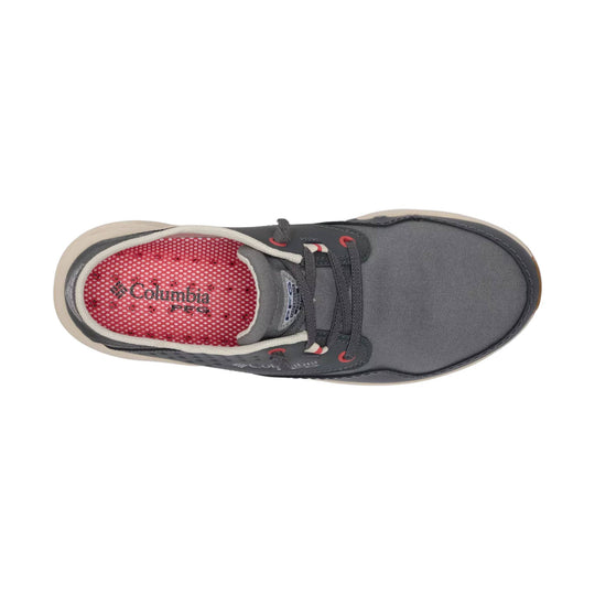 Gray boat shoe with bungee laces, red accents, and a red logo insole, viewed from above