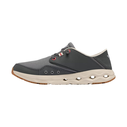 Gray closed-toe slip-on shoe with red eyelets, cream cushioned sole, and brown outsole