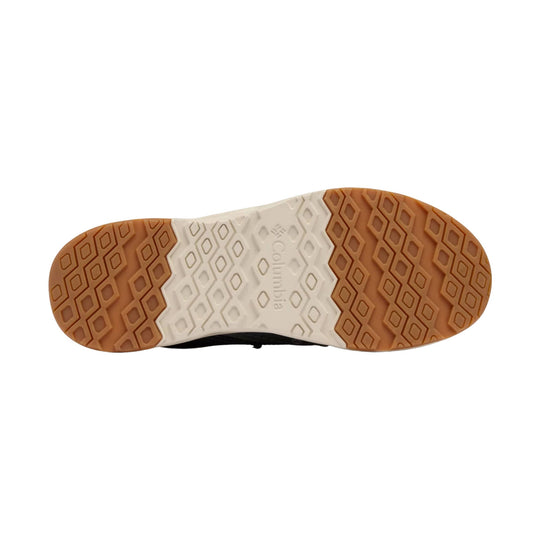 Shoe outsole with tan rubber tread and white center section, shown from below