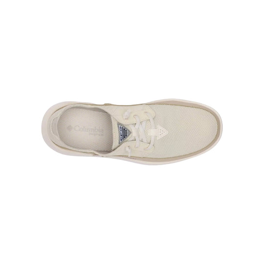 Cream boat shoe with mesh upper, white laces, and a top-down view