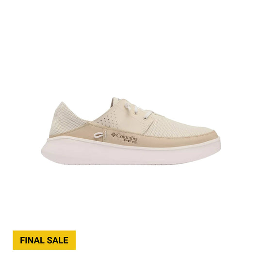 Cream low-top slip-on sneaker with mesh panels, white sole, and Columbia PFG branding