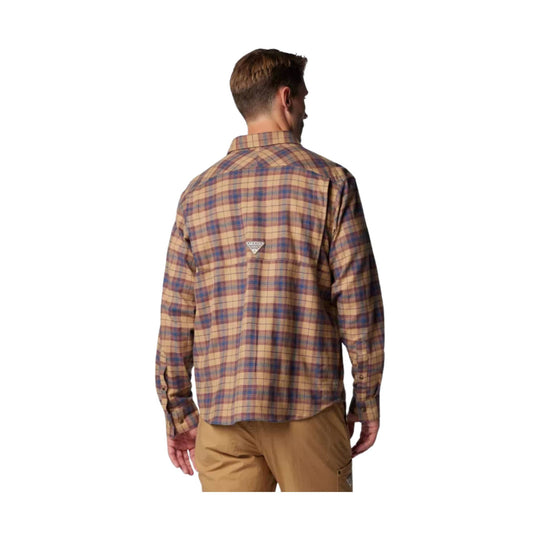 Back view of a tan, blue, and brown plaid long-sleeve button-up shirt