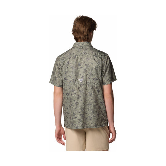 Olive patterned short-sleeve camp shirt shown from the back with a collar and straight hem.