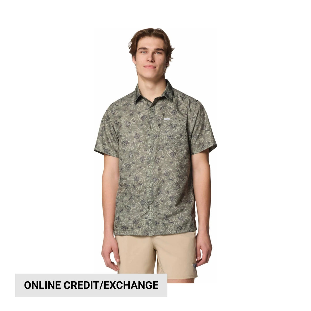 Olive short-sleeve button-up shirt with an allover pattern and visible chest logo