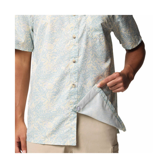 Pale blue and cream short-sleeve button-up camp shirt with tropical leaf print and chest pocket