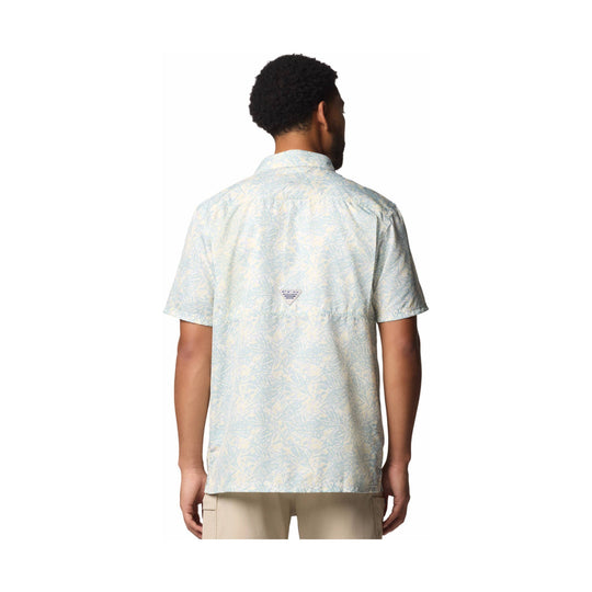 Light blue patterned short-sleeve camp shirt shown from the back