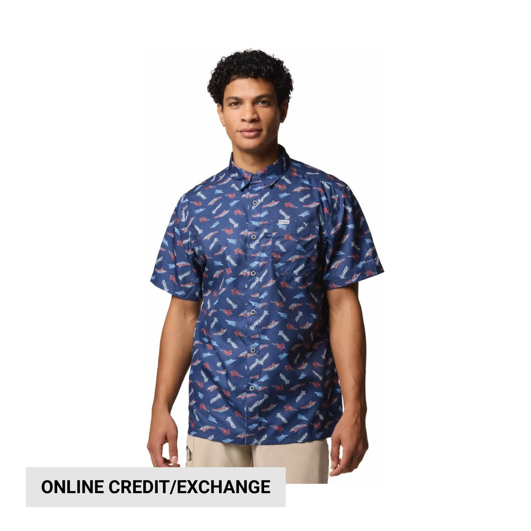Blue short-sleeve button-up camp shirt with allover fish print