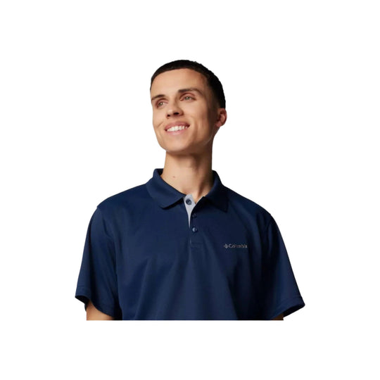 Navy short-sleeve polo shirt with collar and button placket
