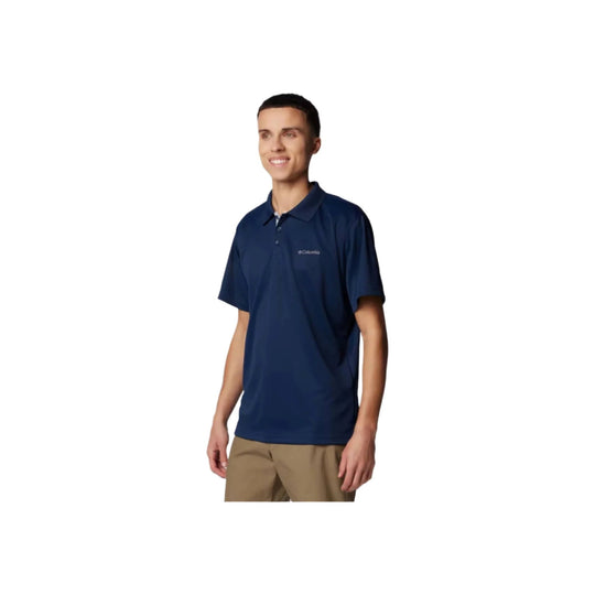 Navy short-sleeve polo shirt with a small chest logo, shown on a model