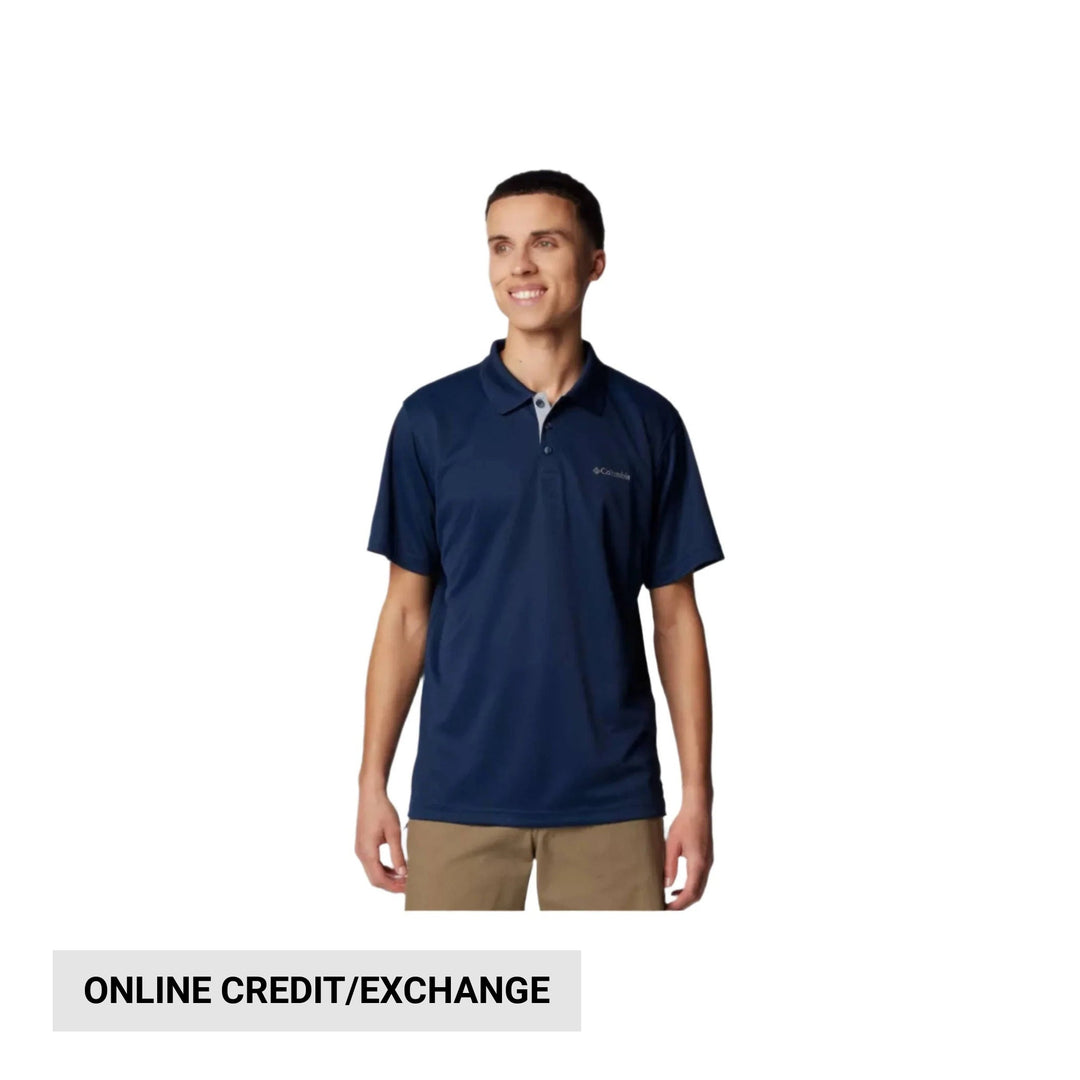 Man wearing a navy short-sleeve polo shirt with a small chest logo
