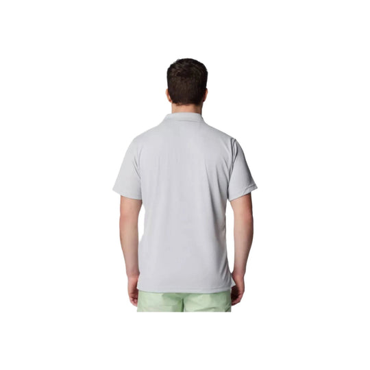 Light gray short-sleeve polo shirt shown from the back on a model