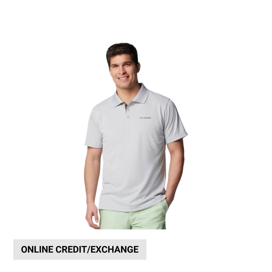 Light gray short-sleeve polo shirt with a small Columbia logo on the chest