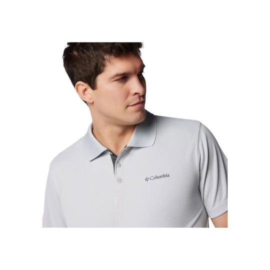 Light gray short-sleeve polo shirt with a Columbia logo on the chest