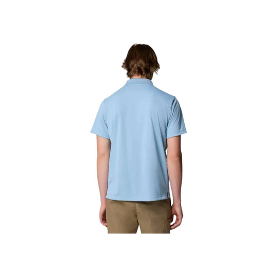 Light blue short-sleeve polo shirt shown from the back on a model