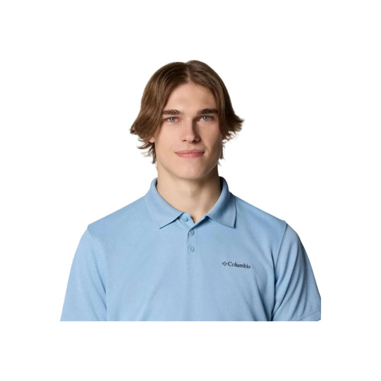 Light blue short-sleeve polo shirt with a collar and button placket