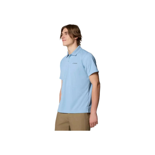 Light blue short-sleeve polo shirt with a small chest logo, shown on a model