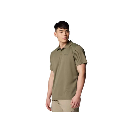 Short-sleeve olive polo shirt with collar and button placket, shown on a model