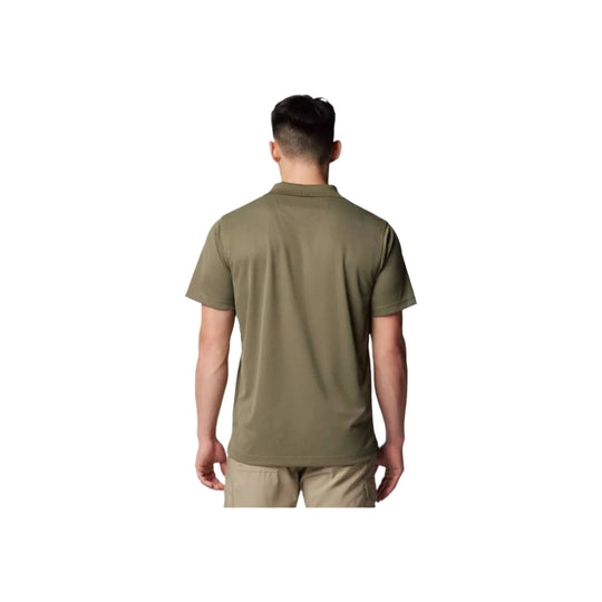 Olive short-sleeve polo shirt shown from the back on a model