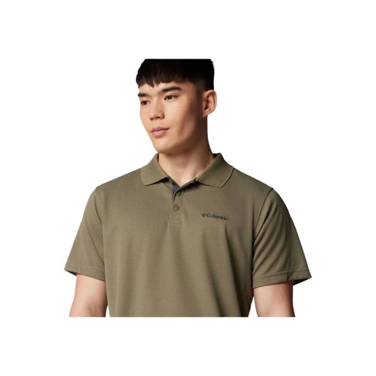 Olive short-sleeve polo shirt with collar and button placket, featuring a Columbia logo on the chest