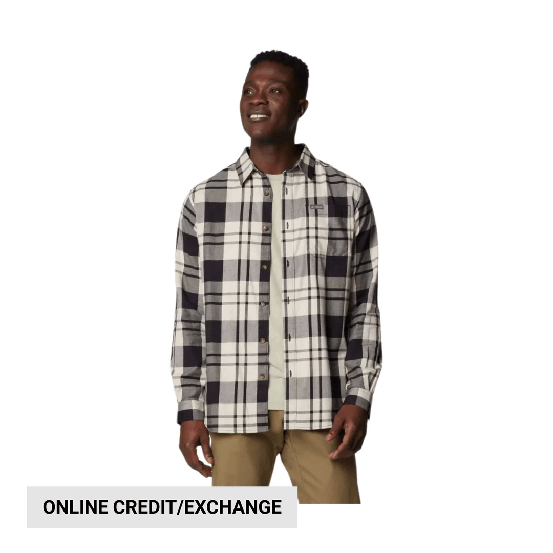 Black, white, and gray plaid button-up shirt on a model
