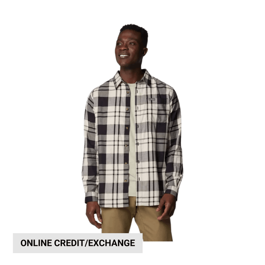 Black, white, and gray plaid button-up shirt on a model
