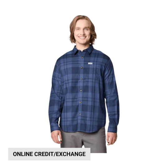 Blue plaid long-sleeve button-up shirt on a model with a small chest logo patch