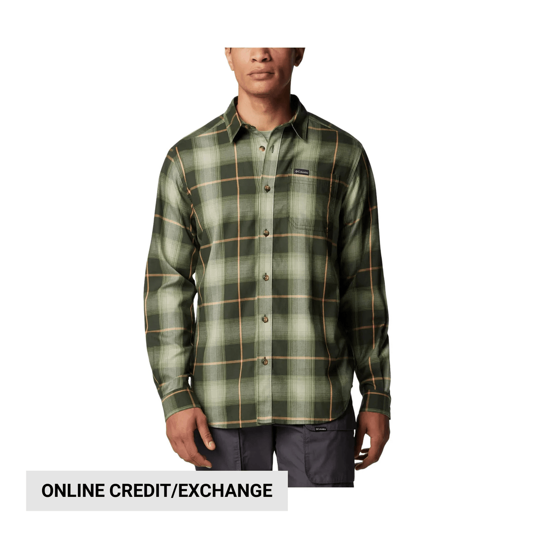 Green plaid long-sleeve button-up shirt with chest pocket and collar