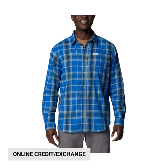 Blue plaid long-sleeve button-up shirt on a model