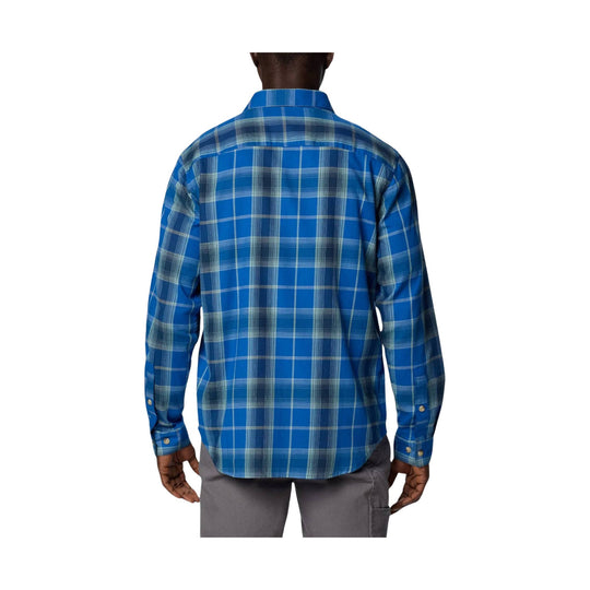Blue plaid long-sleeve button-up shirt shown from the back