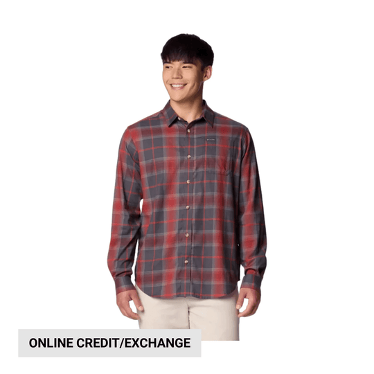 Long-sleeve plaid button-up shirt in red, gray, and black, with cream pants; online credit/exchange banner