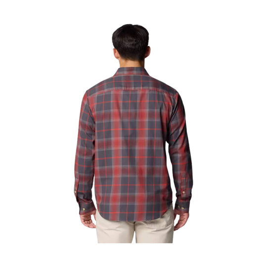 Plaid long-sleeve button-up shirt seen from the back