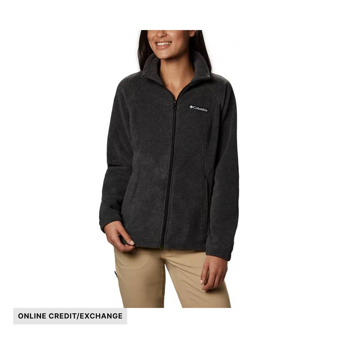 Dark gray full-zip fleece jacket with stand collar and Columbia logo