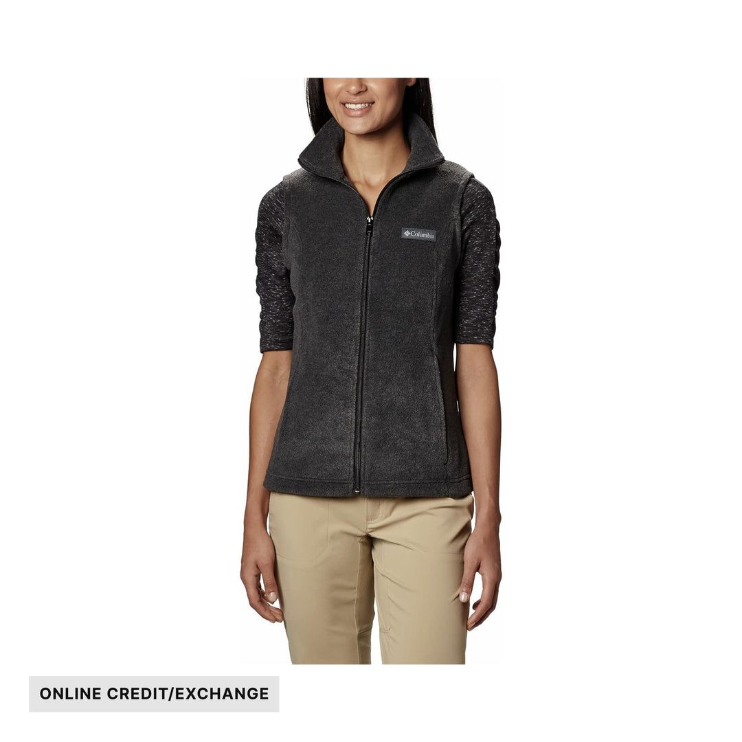 Charcoal zip-front fleece vest with stand collar and short sleeves over a dark heathered top; ONLINE CREDIT/EXCHANGE