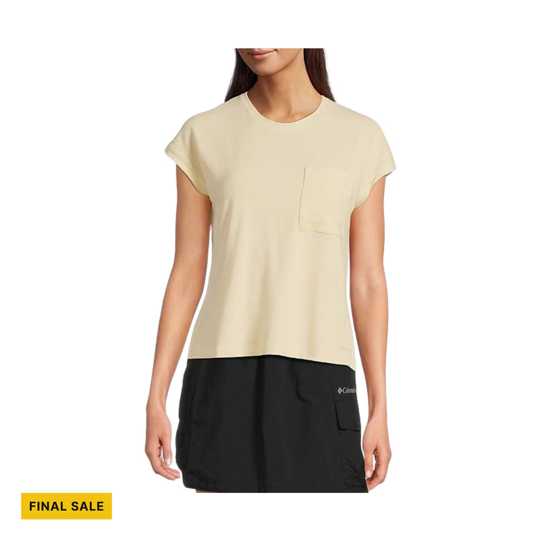 Cream short-sleeve crewneck tee with a chest pocket and FINAL SALE tag