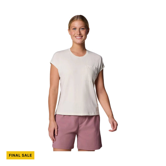 Model wearing a cream short-sleeve tee with a chest pocket and pink shorts; FINAL SALE badge