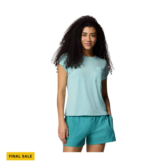 Light blue short-sleeve T-shirt with a chest pocket and teal shorts on a model; FINAL SALE