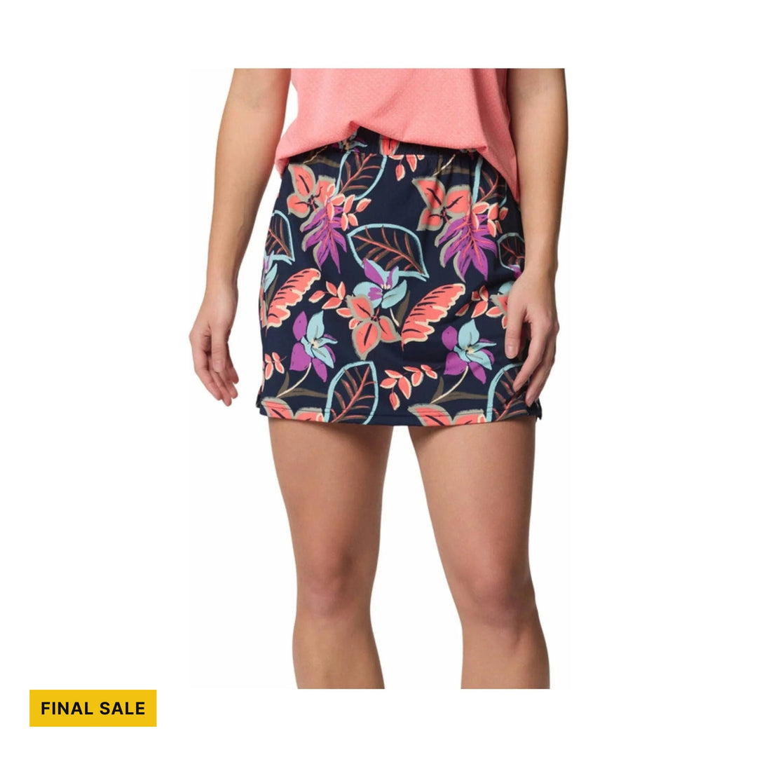Floral printed skort on model with a pink top and a FINAL SALE tag