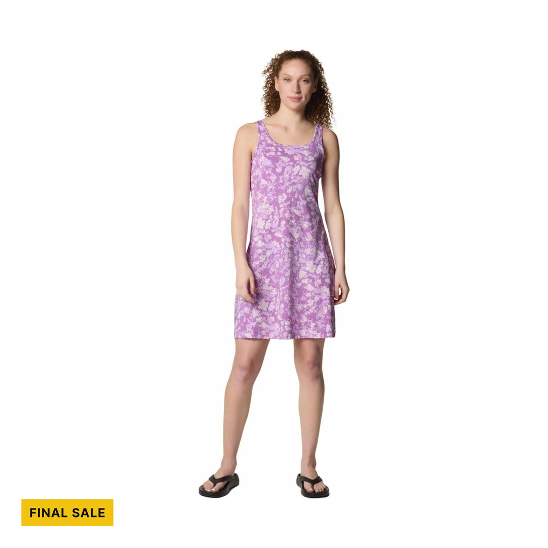 Purple floral sleeveless tank dress with a final sale tag