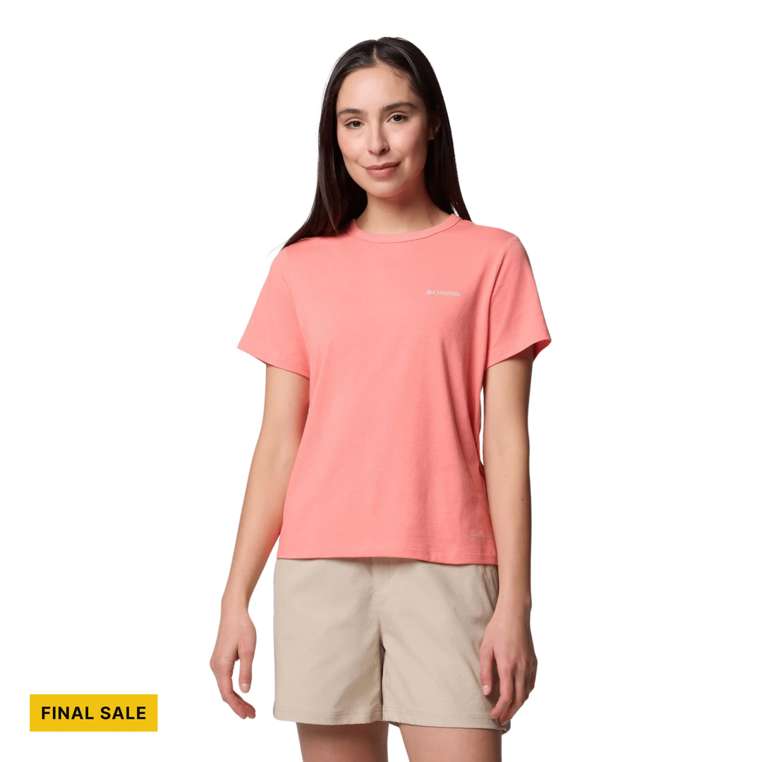 Coral short-sleeve crewneck T-shirt on a model with a FINAL SALE badge